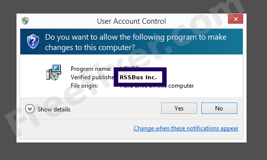 Screenshot where RSSBus Inc. appears as the verified publisher in the UAC dialog